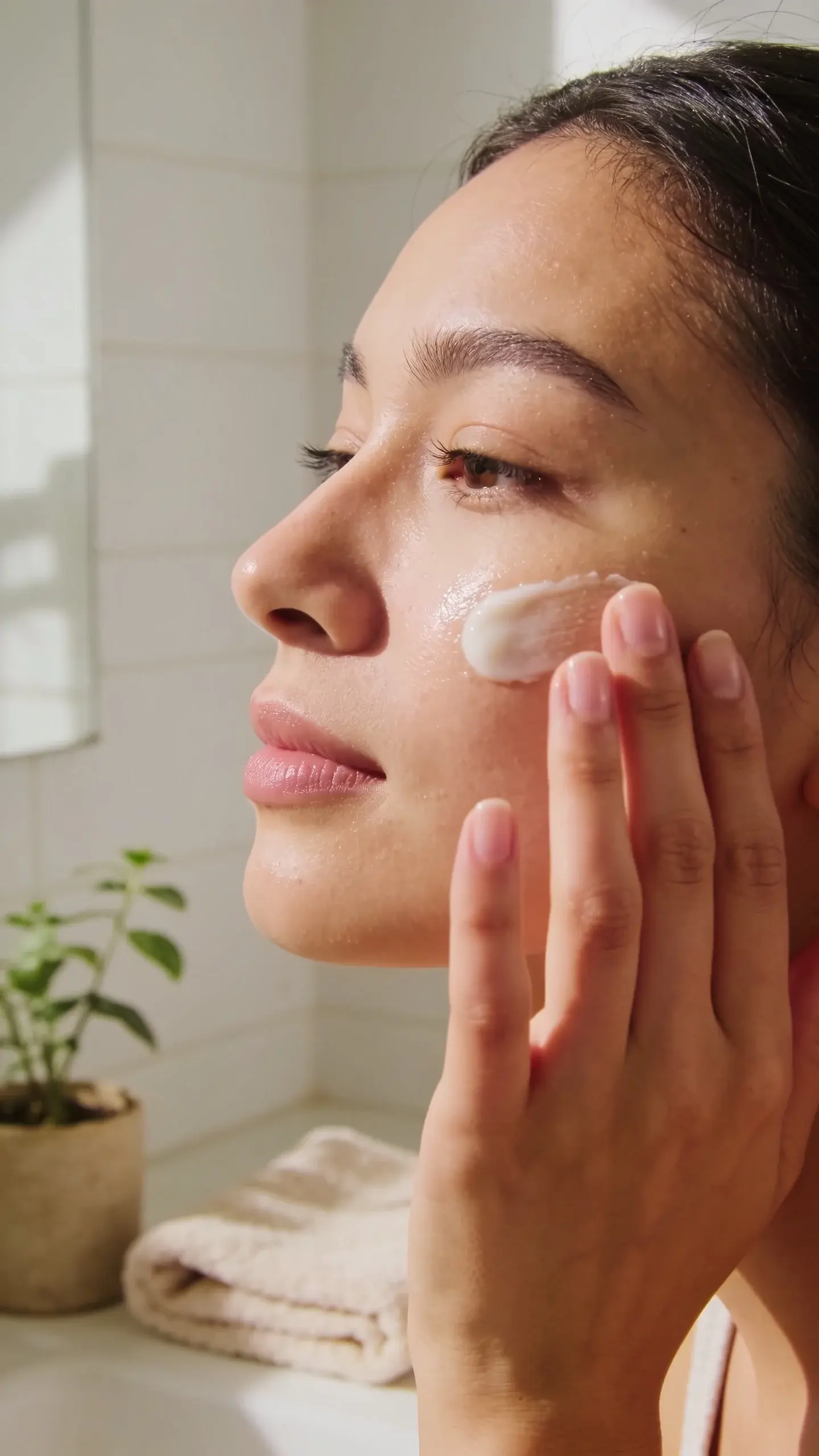 Close-up of a woman’s face in soft morning light, gently patting on a lightweight moisturizer with dewy, smooth skin and a calm, neutral expression. Minimal bathroom background with a small plant and a soft towel, warm tones and natural glow.