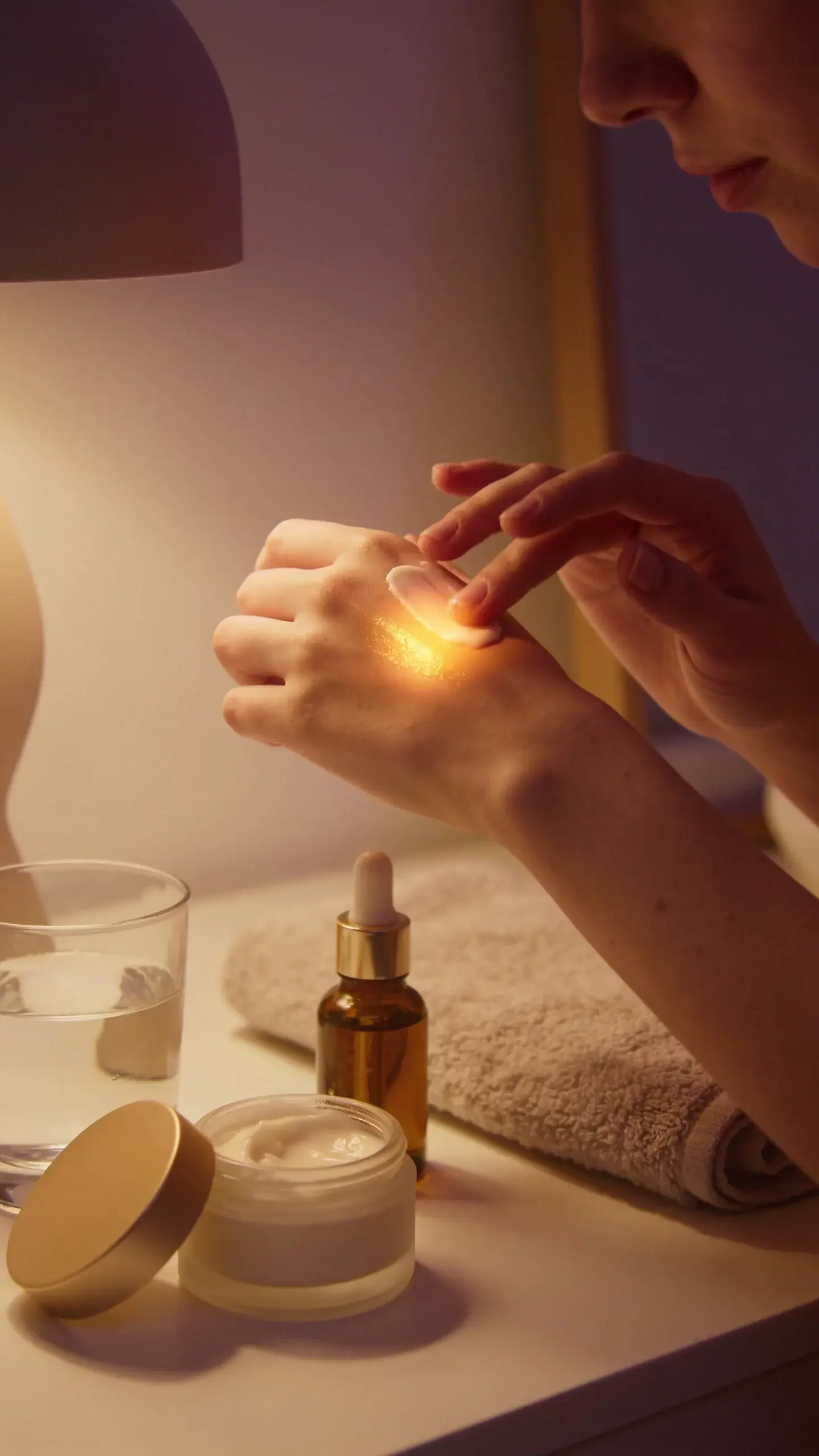 Cozy nighttime vanity scene with warm ambient lighting: a person with calm, hydrated skin applying a nourishing cream over a serum, with a cleansing balm jar and a glass of water nearby. Soft, soothing tones like beige and dusky lavender, plush towel and subtle glow to convey repair and moisture.
