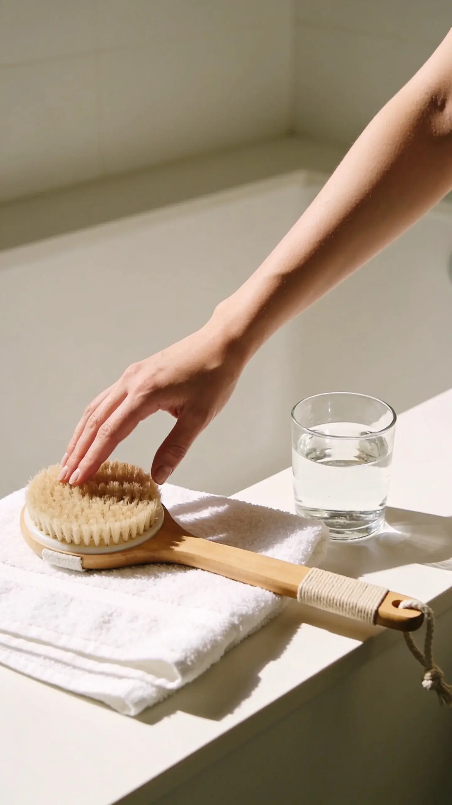 A bright, sunlit bathroom scene with a clean white towel, a natural-bristle dry brush with a long wooden handle resting on the counter, and a glass of water nearby; soft, warm lighting and smooth, healthy-looking forearm in frame reaching for the brush. Minimal, airy composition with neutral colors and subtle spa vibe.