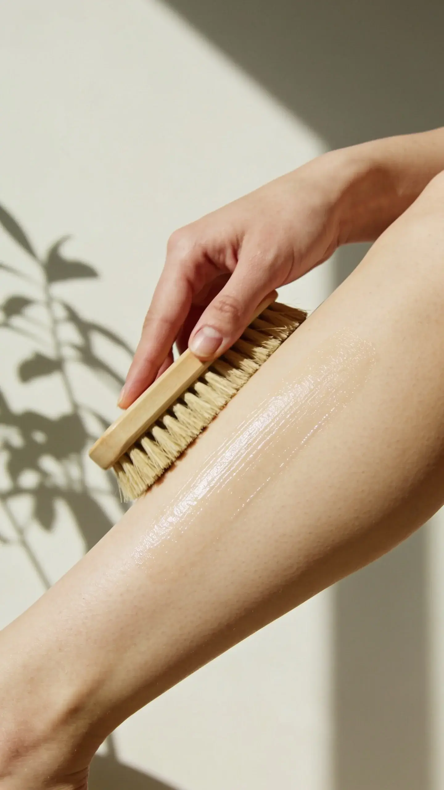 Close-up of someone gently dry brushing their lower leg with a natural-bristle brush, upward strokes on smooth, glowing skin; soft morning light, neutral background, and a simple plant shadow for a calm, spa-like feel. No products or labels, just clean and minimal.