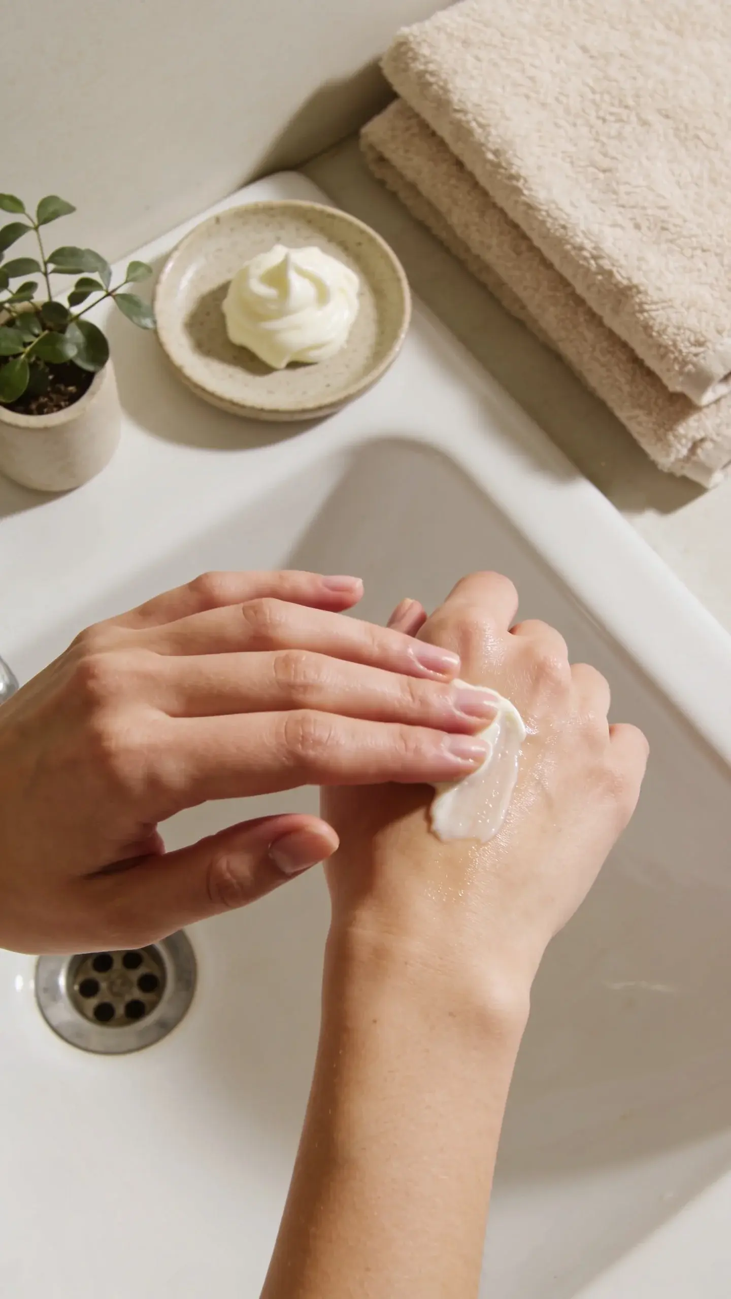 Close-up of a woman at a bathroom sink gently massaging a creamy, non-foaming cleanser onto smooth, dewy skin; soft morning light, neutral beige towels, a small plant, and a ceramic dish with a dollop of rich cream cleanser. Minimal, calming aesthetic, focus on glow and hydration.