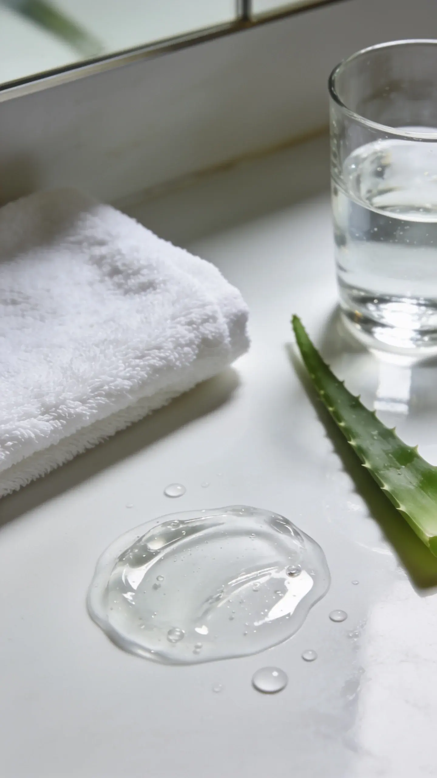 Flat lay on a clean vanity: a clear gel cleanser puddle with water droplets, a soft white microfiber towel, a glass of water, and a sprig of aloe; cool natural lighting, subtle reflections, fresh and hydrating vibe without any brand labels.