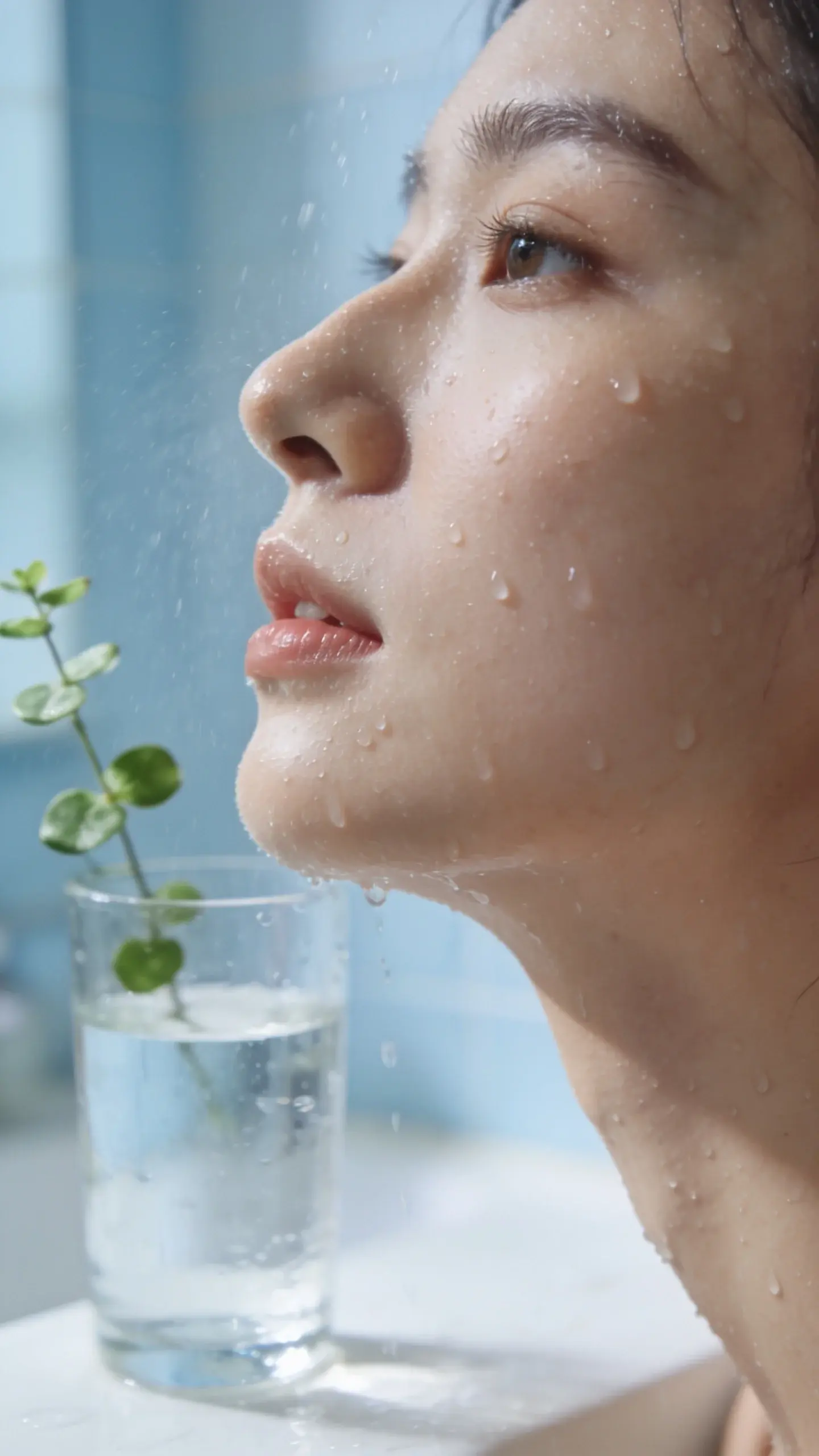 Close-up of a fresh, dewy cheek and jawline with soft natural light, water droplets gently misting the skin to suggest humectant hydration; minimalist bathroom background with a glass of water and a subtle green plant, clean and airy feel.