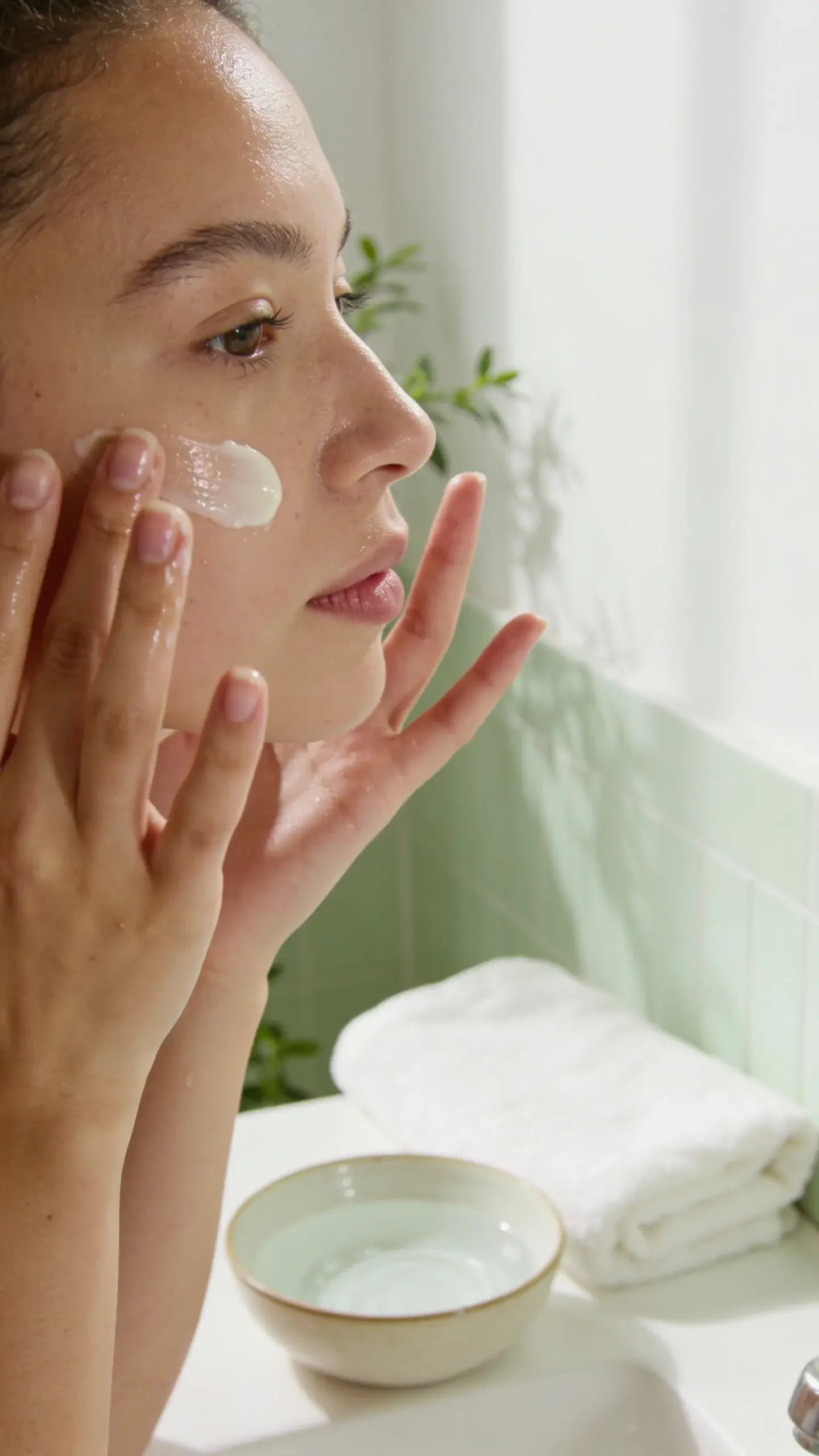 A bright, minimal bathroom vanity scene with soft morning light: a person with smooth, dewy skin gently pressing a creamy moisturizer into cheeks, a small bowl of water and a clean white towel nearby, subtle greenery in the background, cozy and calm vibe.