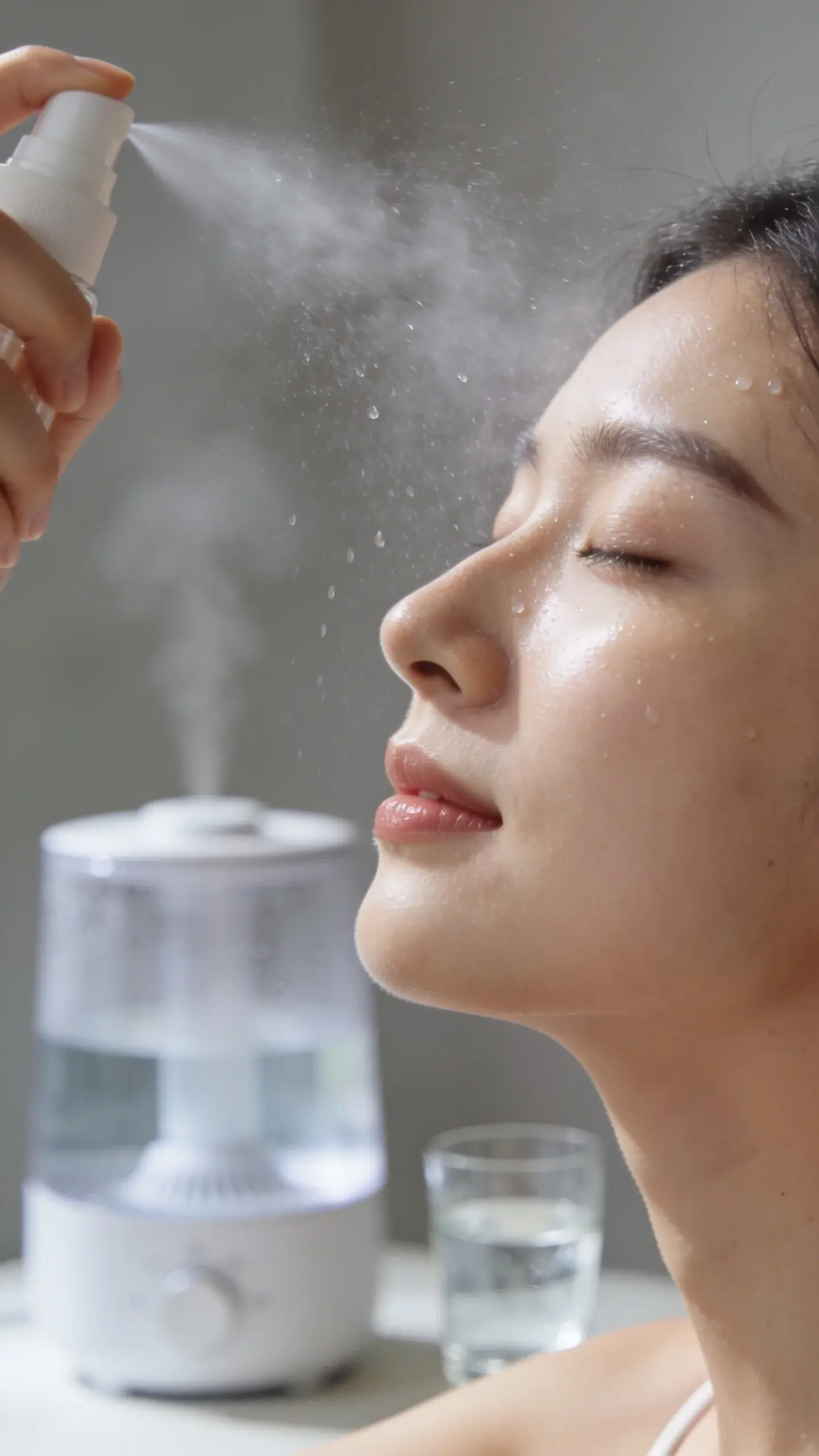 Close-up, serene portrait of a person misting their face with a fine hydrating spray, skin looks plump and glowing, soft natural daylight, blurred neutral background with a hint of a humidifier and a glass of water to suggest moisture-rich environment.
