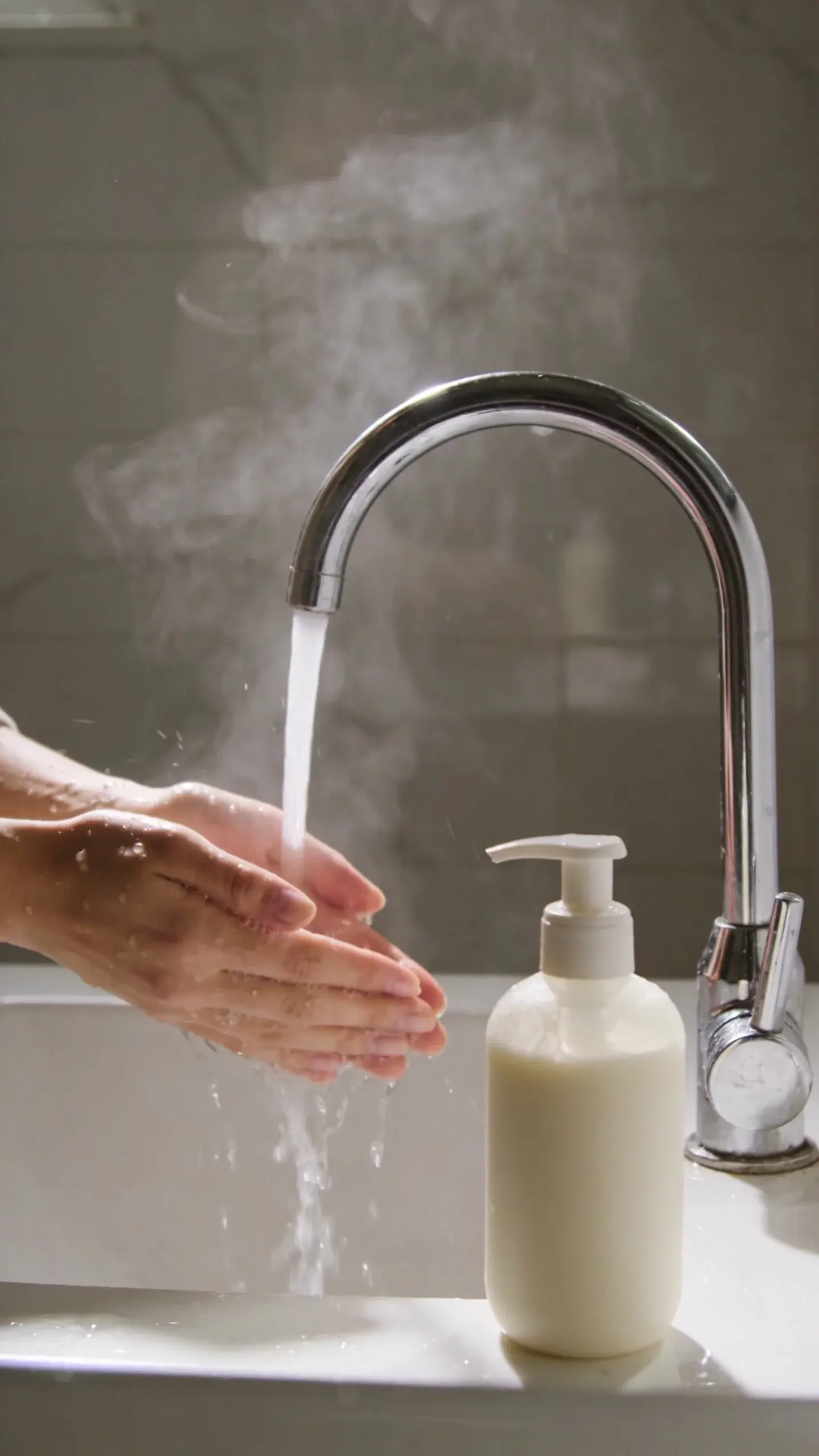A cozy bathroom scene with soft morning light: a person with smooth, dewy skin gently washing their face using lukewarm water from a faucet, with a simple, creamy cleanser in a plain, unbranded pump bottle nearby. Neutral, calming colors and subtle steam to suggest warmth without being hot.