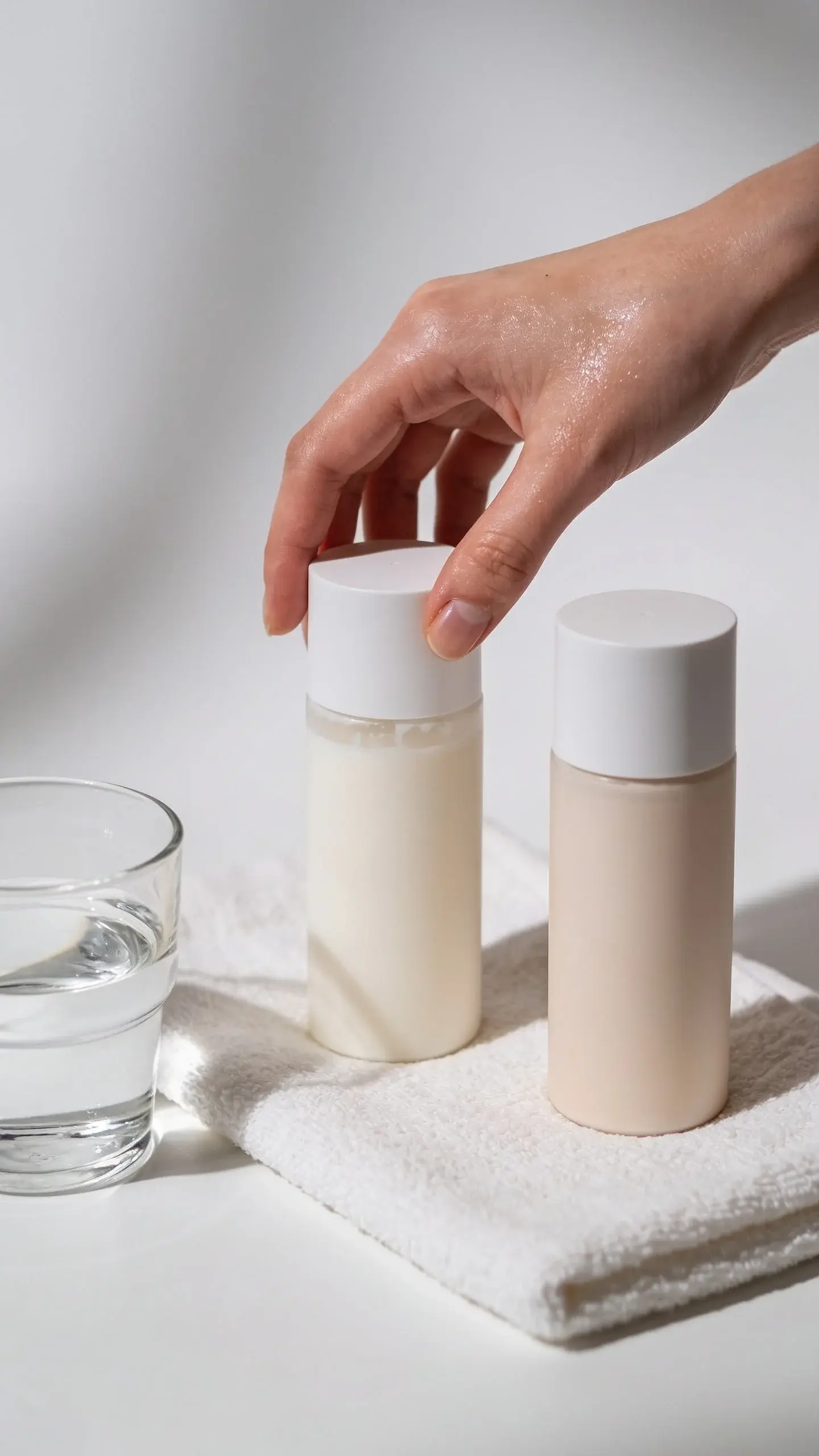 A minimalist vanity setup: a clean white towel, a glass of water, and two plain, unbranded skincare bottles labeled only by texture cues (one creamy cleanser, one moisturizing lotion). A person’s hand reaching for the creamy cleanser, emphasizing a simple, gentle routine and hydrated, healthy-looking skin.