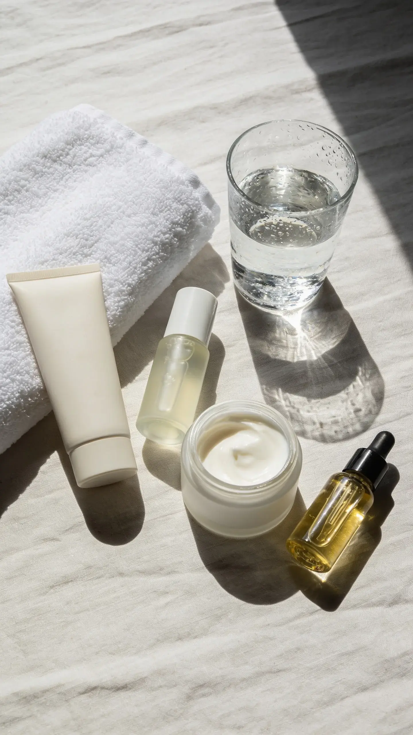 Simple flat lay on a light linen surface: a gentle cream cleanser, a hydrating serum, a rich moisturizer, and a small bottle of facial oil arranged neatly beside a soft white towel and a glass of water. Natural daylight, soft shadows, clean and minimal aesthetic, no text or branding.