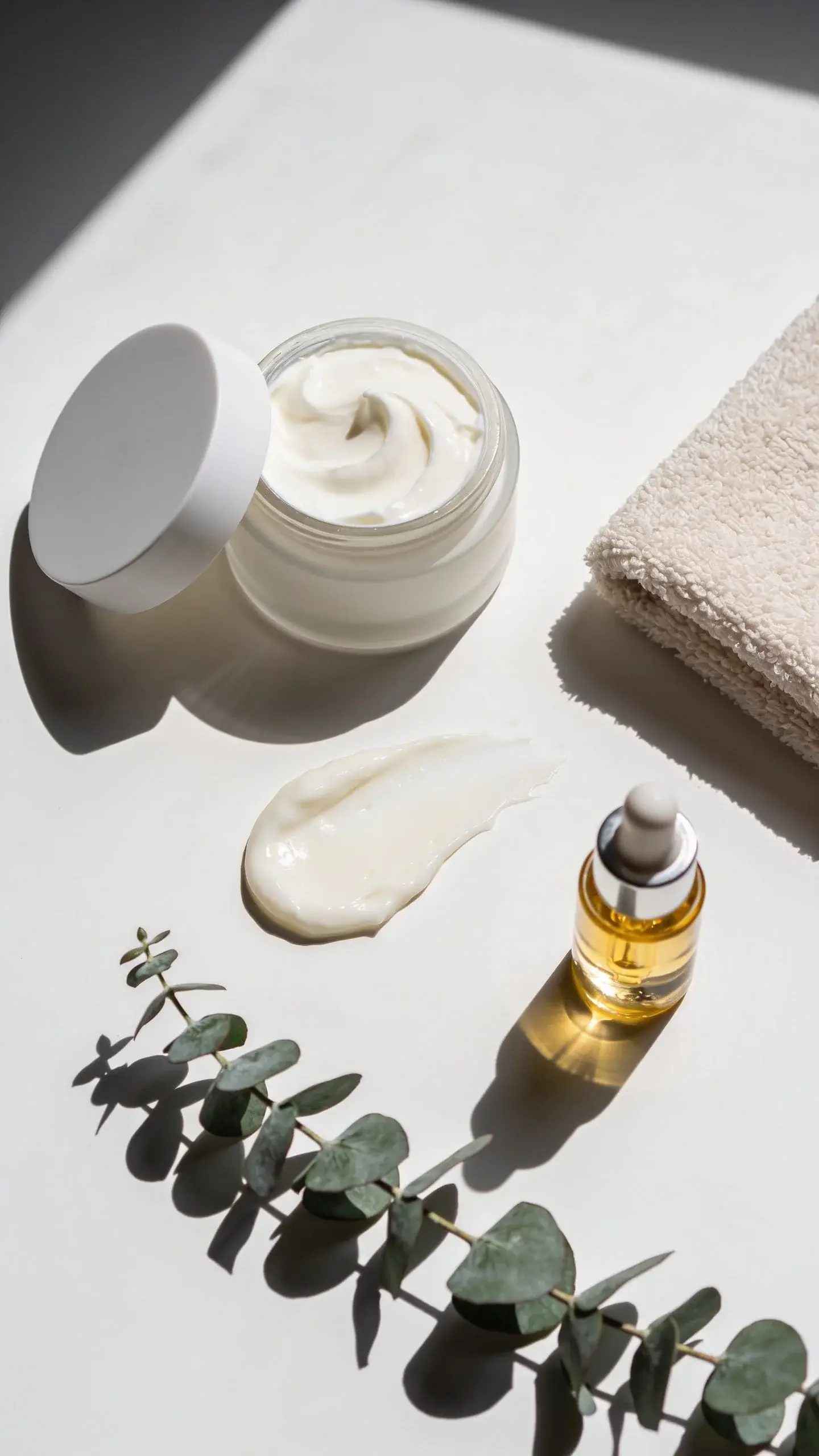Flat lay of a minimalist skincare routine on a clean white counter: an open jar of rich cream, a lightweight gel moisturizer dollop, and a small facial oil dropper, with a soft towel and a sprig of eucalyptus. Bright, diffused daylight, soft shadows, smooth textures, no branding or text.