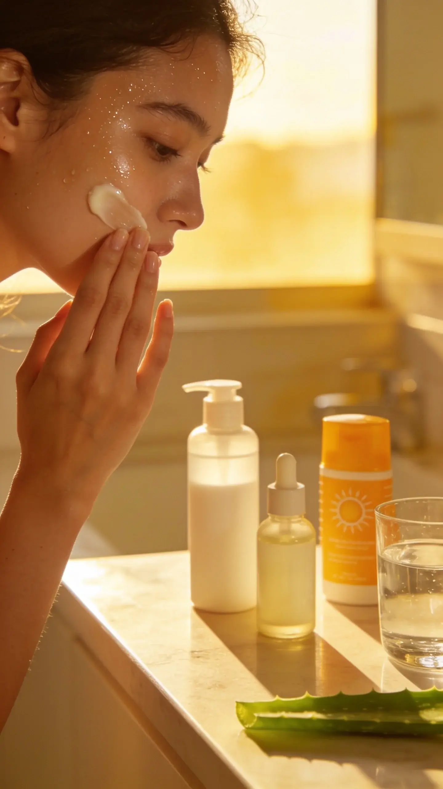 A bright, softly lit bathroom vanity scene at sunrise with a dewy-faced person gently patting a lightweight gel moisturizer onto smooth, healthy skin; nearby are minimalist, unbranded bottles implying cleanser, hydrating serum, and a sunscreen, with a glass of water and a small aloe leaf for a fresh, clean vibe. Natural light, warm tones, close-up, no text.