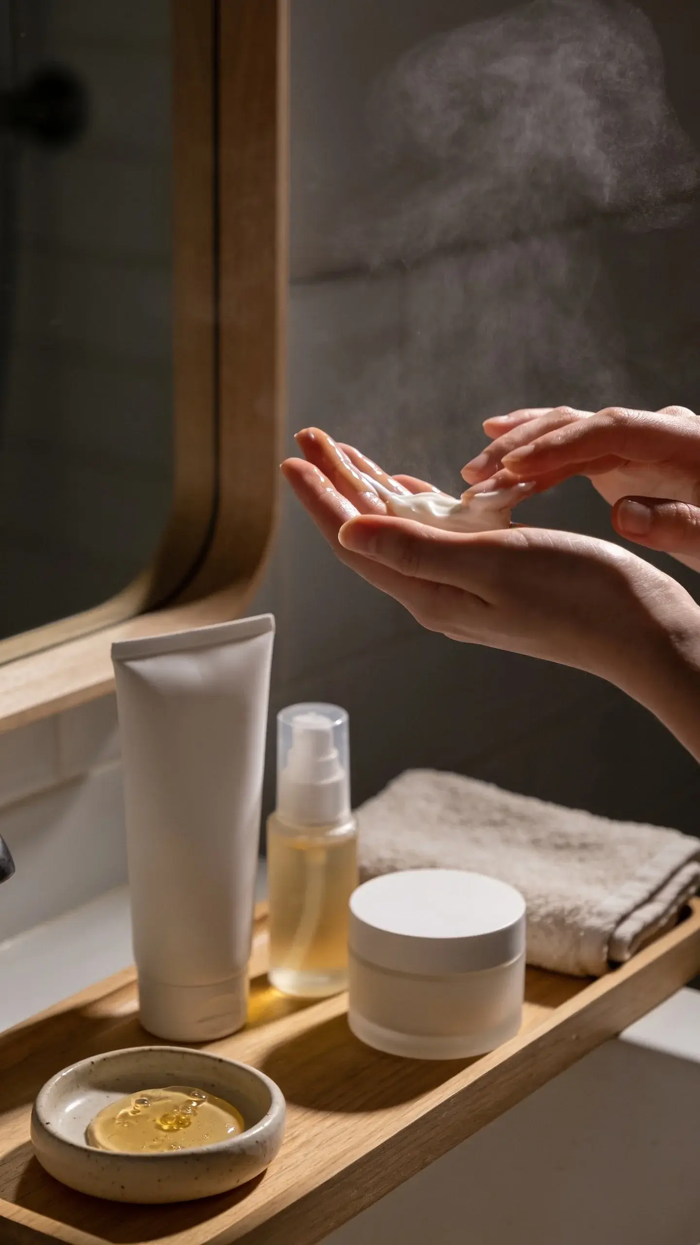 Cozy nighttime routine scene with a person applying a rich cream over a glowy hydrating serum on calm, smooth skin; steam from a recent shower lightly fogs a mirror and simple, unbranded containers (cleanser, serum, cream) sit on a wooden tray, with a soft towel and a small ceramic dish of glycerin-like gel. Soft, moody lighting, neutral palette, no text.